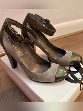 Nine West Taupe Suede Pumps with Metallic Olive Cap-Toe & Ankle Strap